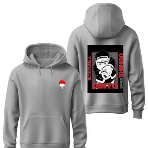 Boys Anime Hoodie – Uchiha Obito Graphic Pullover Sweatshirt with Clan Symbol – Black Navy Maroon Melange